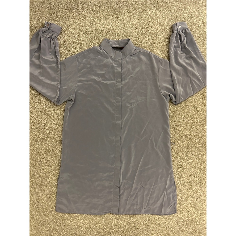 Espresso Blouse Womens 12 Blue Grey Excellent Satin Bishop Sleeve Longline Top